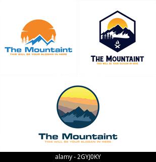 Mountain campeggio avventura ricreazione vacanza vacanza bosco logo design Illustrazione Vettoriale