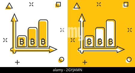 Icona di crescita Bitcoin in stile comico. Illustrazione vettoriale cartoon Blockchain su sfondo isolato bianco. Criptovaluta splash effect concetto di business Illustrazione Vettoriale