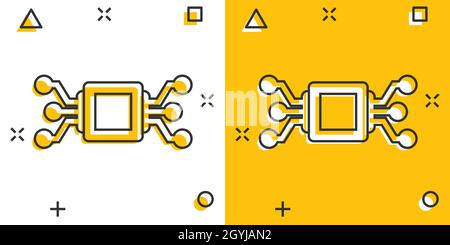 Icona chip del computer in stile comico. Illustrazione vettoriale su cartoni a circuito stampato su sfondo isolato bianco. Concep business effetto splash processore CPU Illustrazione Vettoriale