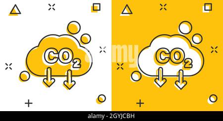 Icona CO2 in stile comico. Immagine vettoriale dei cartoni animati di emissione su sfondo isolato bianco. Concetto di business con effetto splash di riduzione del gas. Illustrazione Vettoriale