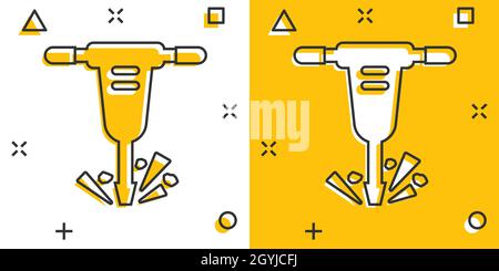 Icona jackhammer in stile comico. Disappannamento dell'illustrazione vettoriale del pacchetto su sfondo isolato bianco. Distruggi il concetto di affari di effetto di spruzzo. Illustrazione Vettoriale