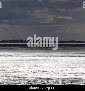 Immagine astratta guardando attraverso il lavaggio a bassa marea dalla spiaggia a Snettisham Foto Stock