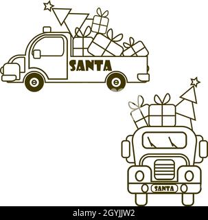 Babbo Natale porta sulla sua auto rossa presenta e albero di Natale vista anteriore e viso Illustrazione Vettoriale