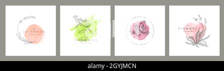 Collezione minimalista di modelli di cornici per emblemi floreali realizzati con semplici fiori e foglietti per inviti alle nozze stampa di prodotti o emblema con Illustrazione Vettoriale