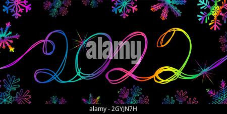 Disegno della penna 2022 calligrafia multicolore . Fiocchi di neve multicolore. Illustrazione vettoriale Illustrazione Vettoriale