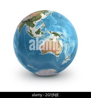 Pianeta Terra globo, isolato su bianco. Geografia del mondo dallo spazio, focalizzato su Australia e Sud-Est asiatico. Elementi forniti dalla NASA Foto Stock