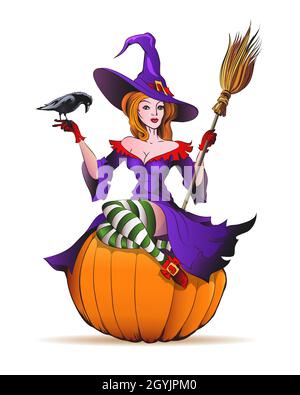 La strega di bellezza con un corvo e scamone su una zucca di Halloween isolata su nero. Illustrazione vettoriale Illustrazione Vettoriale