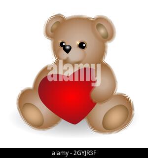 Carino Orso di peluche con cuore di giocattolo isolato su bianco. Illustrazione vettoriale Illustrazione Vettoriale