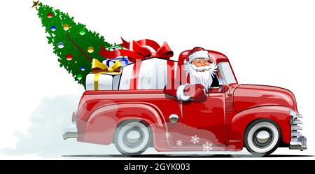 Cartone animato retro Natale consegna pick-up. Formato vettoriale eps-10 disponibile separato da gruppi con effetti di trasparenza per la riverniciatura con un clic Illustrazione Vettoriale