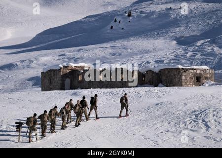 I soldati della Riserva dell'Esercito degli Stati Uniti del 2500° distacco di collegamento digitale, 7° comando di supporto alla Missione, usano le racchette da neve per raggiungere il Monte Specie mentre conducevano la ricerca, il salvataggio e la formazione di recupero con tre istruttori alpini del 6° reggimento alpino dell'Esercito Italiano durante l'esercizio Alpine Rock a Toblach, Italia, 10-12 gennaio 2020. Quindici soldati del 2500 hanno partecipato alla formazione sulla sopravvivenza invernale che ha enfatizzato l'interoperabilità tattica delle piccole unità. Foto Stock