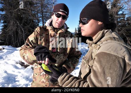 U.S. Army Reserve Sgt. Lara R. Dailva, un agente di fornitura con il 2500esimo distacco di collegamento digitale, 7° comando di supporto alla Missione, E Caporal maggiore Capo Thomas De toni, istruttore dell'Esercito Italiano con il Platoon Ski and Climbing, 79th Company, 6th Alpine Regiment, usano un faro di valanga Pieps per individuare una vittima di valanga nozionale per l'allenamento di sopravvivenza invernale durante l'esercizio Alpine Rock a Toblach, Italia, 11 gennaio 2020. Quindici soldati del 2500 hanno partecipato alla formazione sulla sopravvivenza invernale che ha enfatizzato l'interoperabilità tattica delle piccole unità. Foto Stock