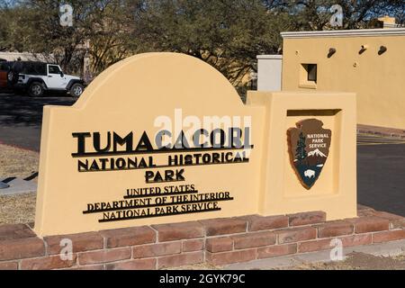 L'ingresso del Tumacori National Historical Park a sud di Tucson, Arizona. Foto Stock