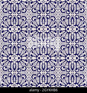Indigo blu fiore blocco stampa tinta tessuto di lino sfondo. Campione giapponese di ripetizione batik tessuto senza cuciture. Sfocatura floreale organica afflosciata Foto Stock