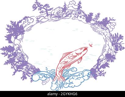 cornice circolare di costa con pesci che saltano in primo piano Illustrazione Vettoriale