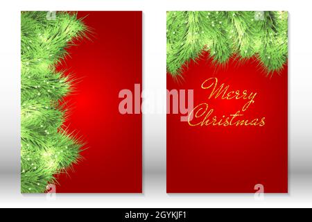 Allegro biglietto di auguri di Natale set. Rami di albero verde di Natale. Testo dorato. Illustrazione Vettoriale