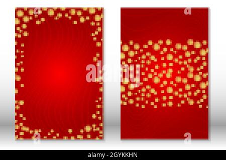 Oro confetti su sfondo rosso sfumato. Set di copertine con punti dorati. Illustrazione Vettoriale