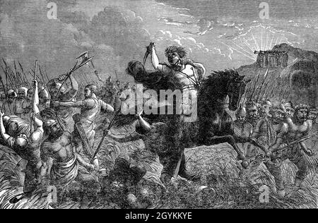 Un'illustrazione del tardo 19 ° secolo dal Libro della Genesi della sconfitta di cinque re Cananei da parte di Giosuè che era l'assistente di Mosè e successivamente successe a Mosè come capo delle tribù Israelite. Gli Israeliti affrontarono un'alleanza di cinque re Amorei da Gerusalemme, Hebron, Jarmuth, Lachish ed Eglon. A Gibeon Giosuè chiese a Dio di fare in modo che il sole e la luna si fermeranno, in modo che egli potesse terminare la battaglia alla luce del giorno e Dio combattesse anche per gli Israeliti nella battaglia, Egli infatti scagliò dal cielo enormi pietre di grandine che uccisero più Cananiti di quelli che gli Israeliti uccisero. Foto Stock