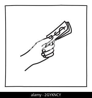 Doodle mano che tiene dollaro bolletta icona o logo, disegnato a mano con sottile linea nera. Illustrazione Vettoriale