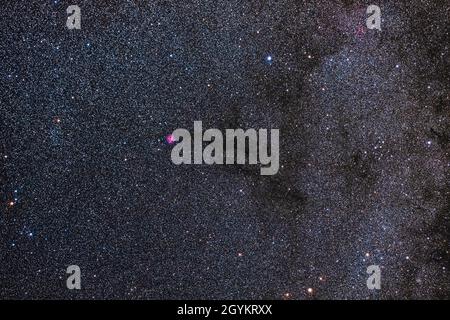 Quest'area di Cygnus che contiene la circolare Cocoon Nebula, alias IC 5146, situata alla fine della lunga nebulosa scura chiamata il Sigaro scuro ma offici Foto Stock