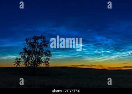 Una singola immagine della sezione più luminosa della massiccia "grande esposizione" di nubi noctilucent al tramonto il 16 giugno 2021 da 'One Tree Hill' (il mio nome fo Foto Stock