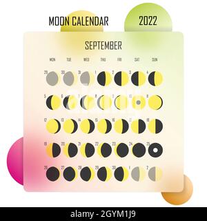 SETTEMBRE 2022 Calendario Luna. Disegno astrologico del calendario. planner. Luogo per gli adesivi. Mese ciclo planner mockup. Coloratissimo morpismo isolato Illustrazione Vettoriale