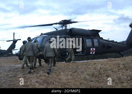 I soldati assegnati all'unità olandese Koninklijke Landmacht lavorarono con i soldati assegnati alla terza Brigata aerea del Calvario, terza Divisione di fanteria durante un addestramento di evacuazione medica, presso l'area di addestramento di Hohenfels, Germania, il 28 gennaio 2020. Questa formazione sull'interoperabilità fa parte della soluzione combinata XIII. Combined Resolve XIII è una sede del Dipartimento dell'Esercito diretto multinazionale Unified Land Operation Exercise con la Brigata della forza allineata a livello regionale degli Stati Uniti a sostegno degli obiettivi del comando europeo (EUCOM). Lo scopo dell'esercitazione è preparare la seconda squadra di combattimento della brigata blindata, la prima Calva Foto Stock