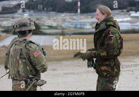 I soldati assegnati all'unità olandese Koninklijke Landmacht lavorarono con i soldati assegnati alla terza Brigata aerea del Calvario, terza Divisione di fanteria durante un addestramento di evacuazione medica, presso l'area di addestramento di Hohenfels, Germania, il 28 gennaio 2020. Questa formazione sull'interoperabilità fa parte della soluzione combinata XIII. Combined Resolve XIII è una sede del Dipartimento dell'Esercito diretto multinazionale Unified Land Operation Exercise con la Brigata della forza allineata a livello regionale degli Stati Uniti a sostegno degli obiettivi del comando europeo (EUCOM). Lo scopo dell'esercitazione è preparare la seconda squadra di combattimento della brigata blindata, la prima Calva Foto Stock