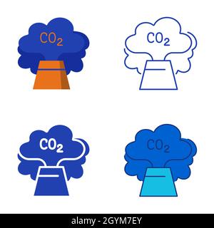 Icona di emissione di carbonio impostata in stile piatto e lineare. Camino di pianta con nube di co2. Simbolo di inquinamento dell'aria. Illustrazione vettoriale. Illustrazione Vettoriale