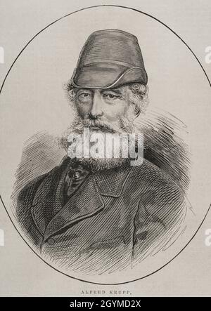 Friedrich Alfred Krupp (1854-1902). Industriale tedesco, proprietario della fabbrica di cannoni e fonderia di nome a Essen. Verticale. Incisione. La Ilustración Española y americana, 1878. Foto Stock