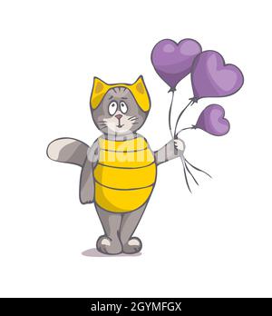 Carino gatto cartoon in abito giallo, con palloncini a forma di cuore, saluto illustrazione vettoriale Illustrazione Vettoriale