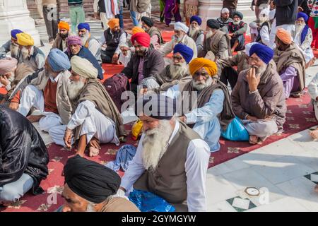 AMRITSAR, INDIA - 26 GENNAIO 2017: Devoti di Sikh nel Tempio d'oro Harmandir Sahib ad Amritsar, Punjab, India Foto Stock