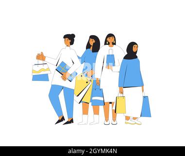 Giovani donne con borse shopping. Donne in piedi insieme con i loro nuovi beni. Personaggi femminili che detengono i loro acquisti. Illustrazione del vettore a linea piena Illustrazione Vettoriale