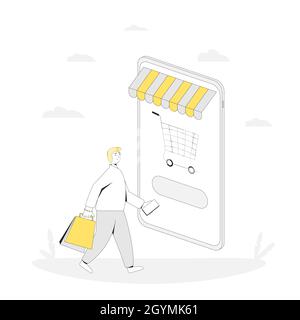 Shopping online. Uomo con smartphone e borse da shopping enormi. Illustrazione del vettore a linee piene. Illustrazione Vettoriale