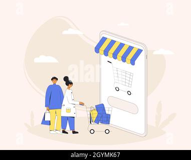 Shopping online. Persona con smartphone e borse di shopping enormi. Illustrazione del vettore a linee piene. Illustrazione Vettoriale
