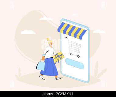 Shopping online. Donna con smartphone e borse da shopping enormi. Illustrazione del vettore a linee piene. Illustrazione Vettoriale