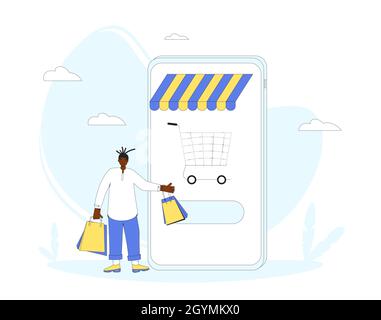 Shopping online. Uomo con smartphone e borse da shopping enormi. Illustrazione del vettore a linee piene. Illustrazione Vettoriale