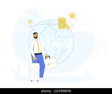 Migrazione del lavoro. Fuga di cervelli. Uomo educato che lascia il suo paese. Manager a piedi con borsa e valigie. Illustrazione del vettore a linee piene. Illustrazione Vettoriale