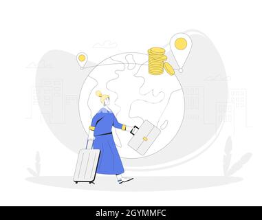 Fuga di cervelli. Migrazione del lavoro. Donna istruita che lascia il suo paese. Manager a piedi con borsa e valigie. Illustrazione del vettore a linee piene. Illustrazione Vettoriale
