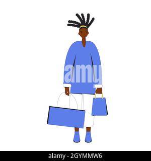 Giovane donna con borse shopping. Donna in piedi e tenendo i suoi acquisti. Illustrazione del vettore a linee piene. Illustrazione Vettoriale