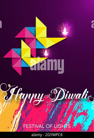 Felice Diwali Festival delle luci Celebrazione modello colorato in carta Origami disegno grafico di lampade ad olio Diya indiano, moderno Flat Design. Banner Illustrazione Vettoriale