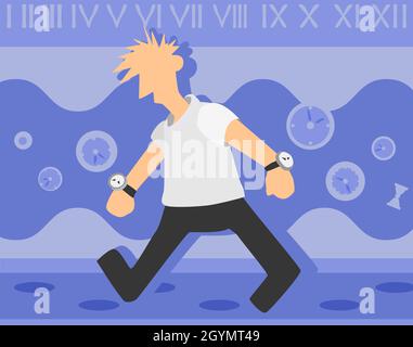 Time Walking uomo surreale astratto cartoon disegno vettoriale a colori, orizzontale Illustrazione Vettoriale