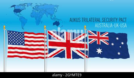 Patto di alleanza di sicurezza Aukus, bandiere di Australia, USA e Regno Unito con mappa globale, illustrazione vettoriale Illustrazione Vettoriale