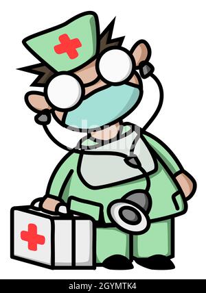 Medico risposta di emergenza cartoon medico disegno a colori, illustrazione vettoriale, verticale, su bianco, isolato Illustrazione Vettoriale