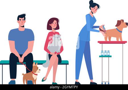 Vaccinazione di animali domestici. Illustrazione con un veterinario che vaccina un cane. I proprietari di animali domestici sono in attesa in fila. Vettore in stile piatto isolato su sfondo bianco. Illustrazione Vettoriale