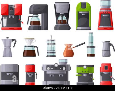Macchine per caffè, macchina per caffè, macchina per caffè espresso e  caffettiera. Stampa francese, ristorante o casa caffè makers set di  illustrazioni vettoriali. Macchine per il caffè