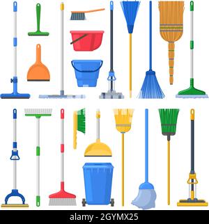 Spazzoloni, spazzatrici, spazzatrici, sessole e secchi in plastica per la pulizia della casa. Set di illustrazioni vettoriali per la pulizia di tampone, mop, scopa, piumino e paletta Illustrazione Vettoriale