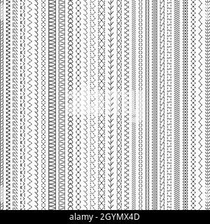 Cuciture, linee di cucitura a macchina e a mano. Set di illustrazioni vettoriali con cuciture ricamate, zigzag cucito e righe ondulate. Cucito Illustrazione Vettoriale