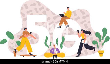 La gente usa internet mobile, connessione internet wireless 5G. Internet wireless ad alta velocità, personaggi che utilizzano la tecnologia di rete Vector Flat Illustrazione Vettoriale