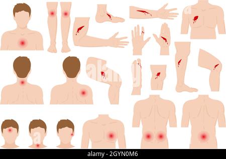 Cartoni animati feriti fisici danneggiano le parti del corpo umano. Dolore corporeo, lesioni fisiche graffi, ferite e fratture ossee set di illustrazione vettoriale. Corpo umano Illustrazione Vettoriale