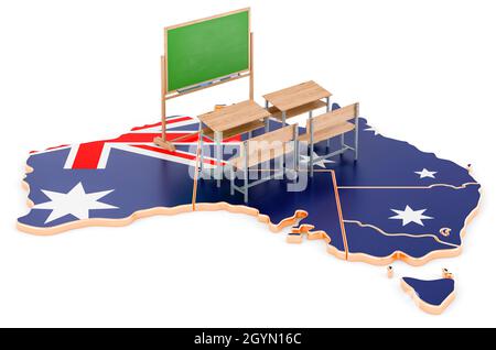 Istruzione in Australia, concetto. Banchi scuola e lavagna sulla mappa dell'Australia. Rendering 3D isolato su sfondo bianco Foto Stock